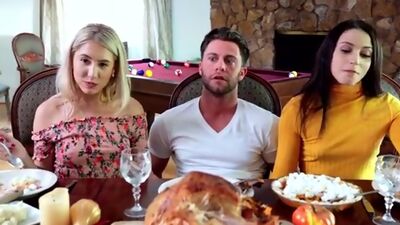 Stepsisters Avi Love and Paisley Bennett spend Thanksgiving dinner seducing their family friend into a horny threesome