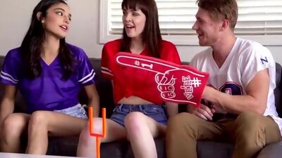 Slutty coeds Emily Willis and her friend Aliya Brynn spend the halftime show riding Emilys steprothers hard cock