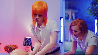 TRANSFIXED - Redhead Trans Shiri Allwood & Jean Hollywood Give Kenzie Anne Oiled Massage With Facial