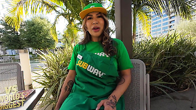 Subway Latina with Huge Arse and Tits Fucks Massive Shaft Drenched in Cum VS World Biggest Dick