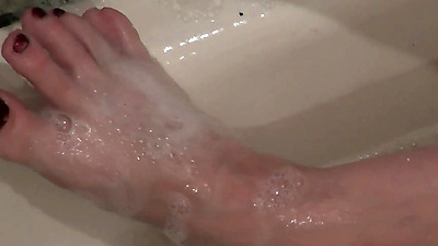 Milf. Soapy foam on tits, pussy, butt, legs. Sexy blonde Milf takes bathroom. Handjob. Solo MILF. Shower