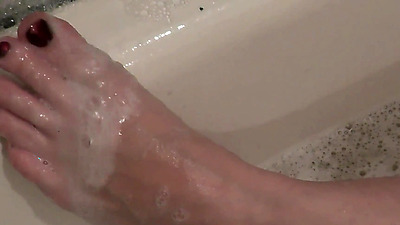 Milf. Soapy foam on tits, pussy, butt, legs. Sexy blonde Milf takes bathroom. Handjob. Solo MILF. Shower