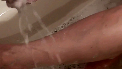 Milf. Soapy foam on tits, pussy, butt, legs. Sexy blonde Milf takes bathroom. Handjob. Solo MILF. Shower