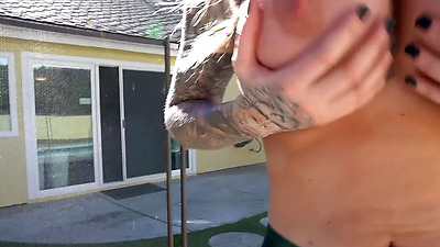 Big Juicy Tits and fat arse white chick gives her Pervy neighbor some pussy by the pool