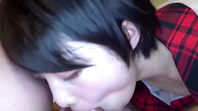 Uncensored, Japanese hottie. 19-year-old black-haired hottie, blowjob, pussy caressing, cute uniform cosplay