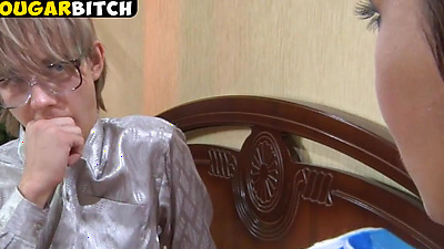 Female professor teaching nerd how to lick pussy right