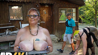 MATURE4K. Kinky mature giantess Diana loves pet play in stockings with 2 strangers in public