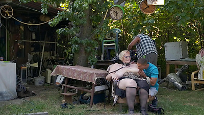 MATURE4K. Kinky mature giantess Diana loves pet play in stockings with 2 strangers in public