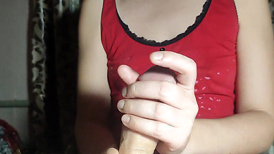 Korean babe jerking off, sucking shaft, getting cum in her mouth