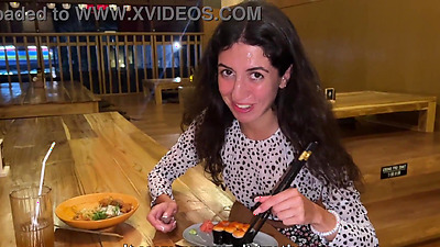I cum on a chick's face in Public Sushi Bar and she eats rolls with Cum on her face - Cumwalk
