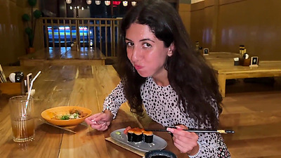 I cum on a chick's face in Public Sushi Bar and she eats rolls with Cum on her face - Cumwalk