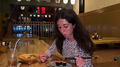 I cum on a chick's face in Public Sushi Bar and she eats rolls with Cum on her face - Cumwalk
