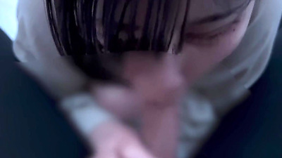 Chick with short hair ejaculates a lot in her mouth