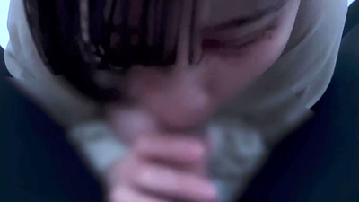 Chick with short hair ejaculates a lot in her mouth