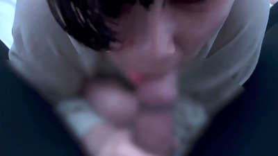 Chick with short hair ejaculates a lot in her mouth