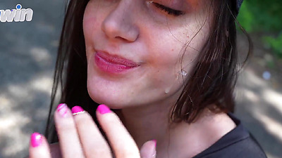 Busty brunette  showing off and giving a blowjob on the avenue | Victoria RC | LP Produções