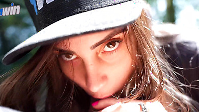 Busty brunette  showing off and giving a blowjob on the avenue | Victoria RC | LP Produções