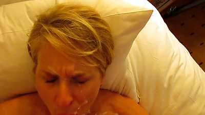 Short haired mature blonde Cumslut Beth gets a messy cum facial, swallows some and then sucks his penis like a thirsty bitch! #cumslutbeth