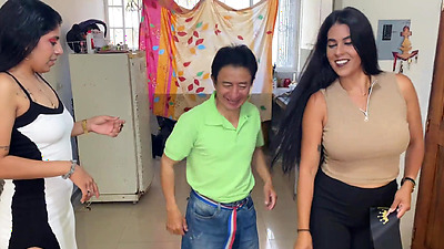 Happy Birthday DADDY - Busty and big booty stepdaughters fuck with old man, real homemade threeway