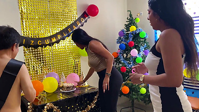 Happy Birthday DADDY - Busty and big booty stepdaughters fuck with old man, real homemade threeway