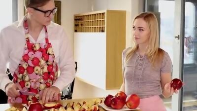 Jenny Wild walks in on her stepbro making dessert and seduces him into eating out her creamy bald twat instead