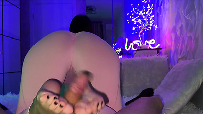 Savory footjob in tights and white short socks. Huge cumshot on feet