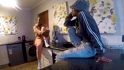 Hot busty Nubian lesbians sexy tit sucking pussy licking on kitchen counter