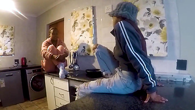 Hot busty Nubian lesbians sexy tit sucking pussy licking on kitchen counter