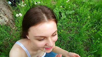 Cute Stepsister teases with her boobs outdoor. I had to fuck her right on the rock.