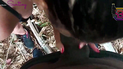 Married bitch has sex with a personal trainer with a giant dick in the middle of the forest