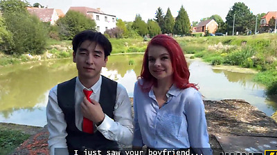 HUNT4K. Little redhead bitch with natural tits showed her sex skills in public in front of her BF