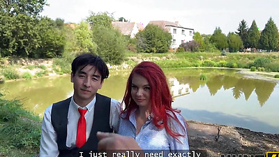 HUNT4K. Little redhead bitch with natural tits showed her sex skills in public in front of her BF