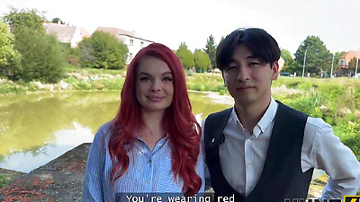 HUNT4K. Little redhead bitch with natural tits showed her sex skills in public in front of her BF