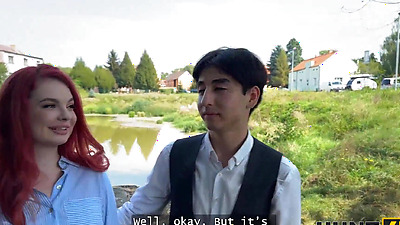 HUNT4K. Little redhead bitch with natural tits showed her sex skills in public in front of her BF