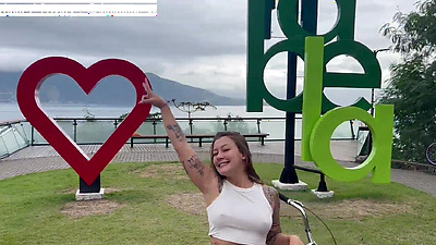 Cycling without underwear all over the city - On vacation with Damiana