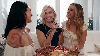 Big tits petite lesbian and MILF wife meet and fist teen neighbor