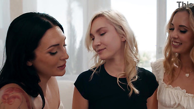 Big tits petite lesbian and MILF wife meet and fist teen neighbor