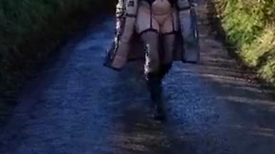 Near naked, chilly day public walk