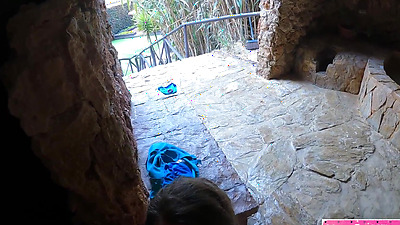 Beautiful wife having sex outdoor in public sauna