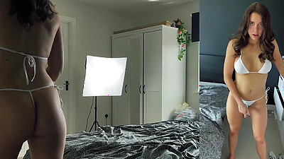 Bikini stepdaughter with perfect butt jerks him off onto her big tits