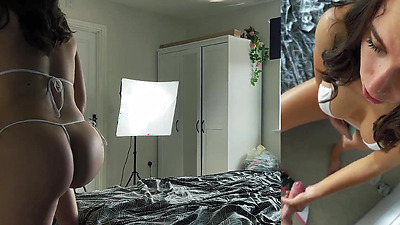 Bikini stepdaughter with perfect butt jerks him off onto her big tits