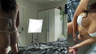 Bikini stepdaughter with perfect butt jerks him off onto her big tits