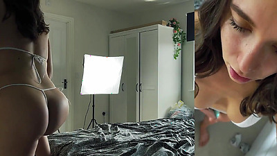 Bikini stepdaughter with perfect butt jerks him off onto her big tits