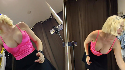 Naked chick with big boobs try on haul see throuh clothes. Amateur video in dressing room