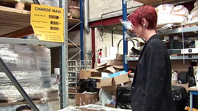 French redhead mature business lady Katy Morlait catches her employee wanking huge dick in the warehouse then sucks him off and fucks him