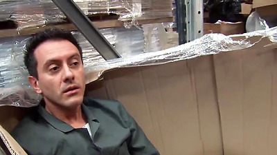 French redhead mature business lady Katy Morlait catches her employee wanking huge dick in the warehouse then sucks him off and fucks him