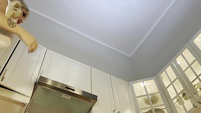 Super hot big tits beautiful sexy latina in the kitchen prepares coffee with a backless kitchen apron