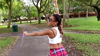 Extra small ebony teen gets picked up and tries her first ever huge white penis