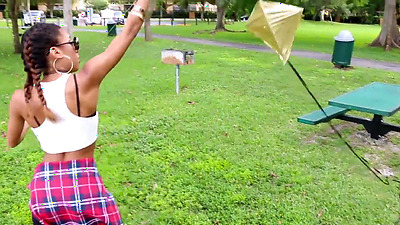 Extra small ebony teen gets picked up and tries her first ever huge white penis