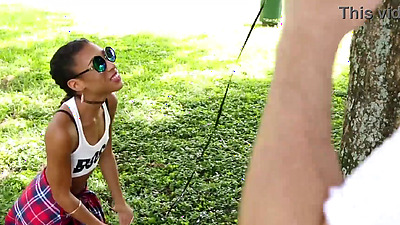 Extra small ebony teen gets picked up and tries her first ever huge white penis